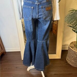 Wrangler High Rise Flare Fashion Blue Jeans with Tan Stitching